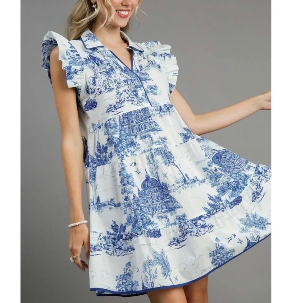 Umgee Boutique Blue Two Tone Toile Landscape Tiered Mini Ruffle Dress Cottage L